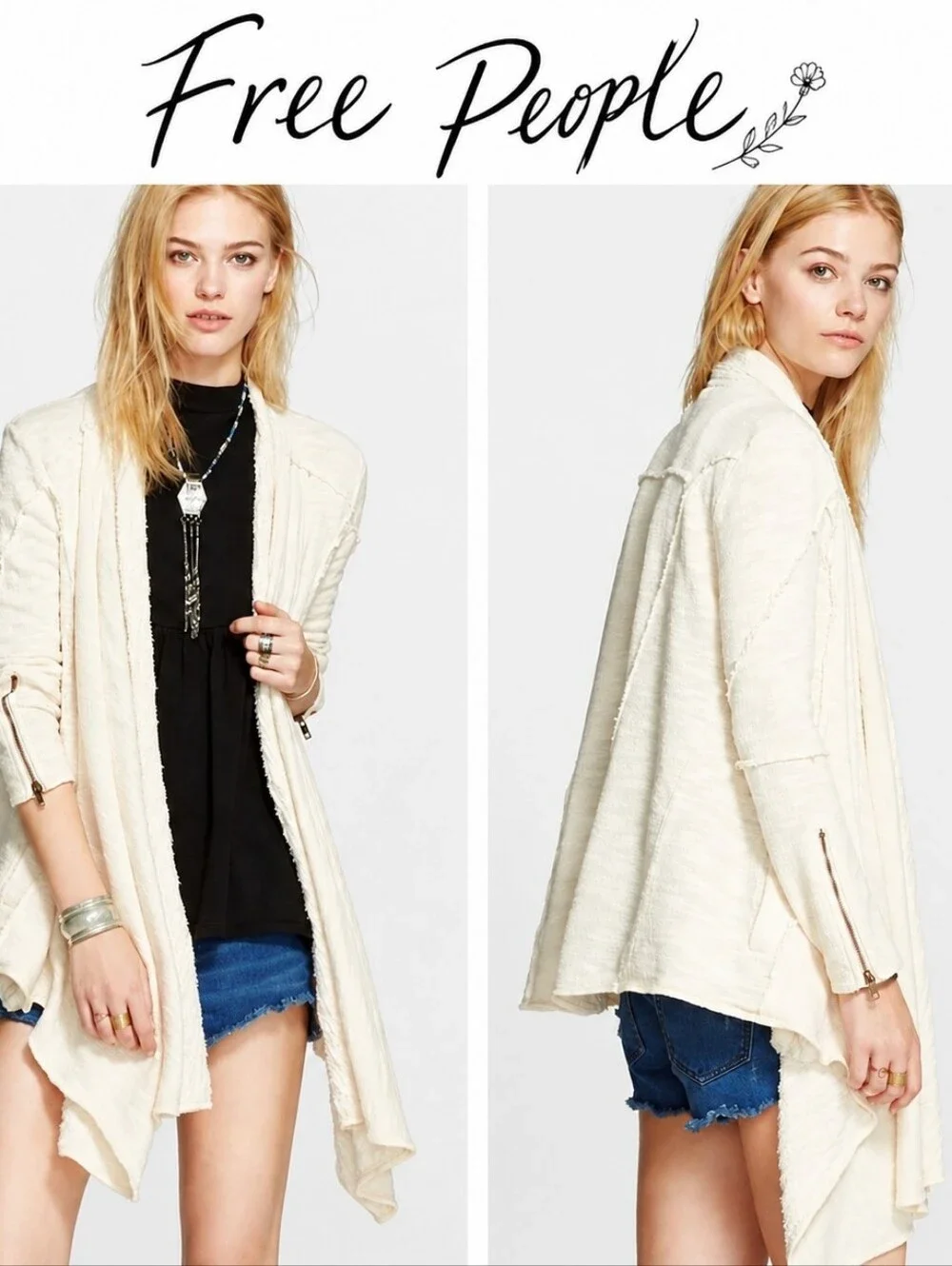 Free People In The Loop Open Front Boho Cardigan Raw Edge Zipper Accent Size S
